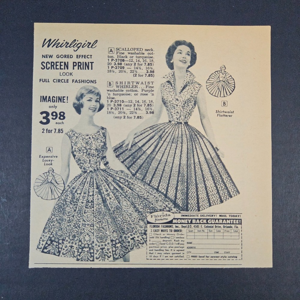 1961 Florida Fashions‎ Whirligirl Full Circle Screen Print Look Vintage Print Ad